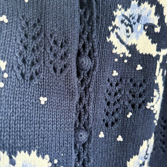 Vintage Susan Bristol Navy Blue Floral Beaded Cardigan M - Picture 9 of 9